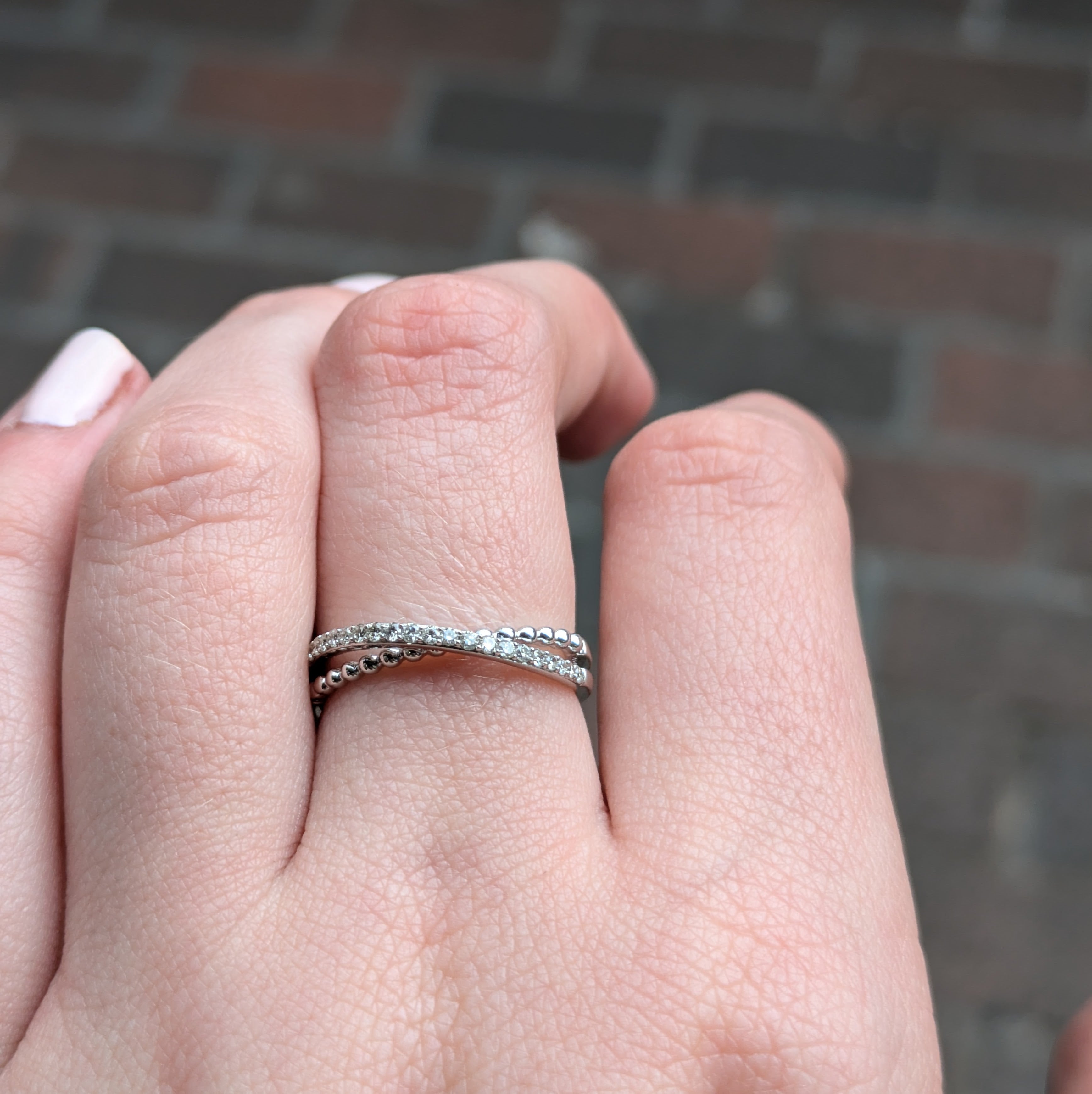 18k Crossover bands one beaded one half eternity style
