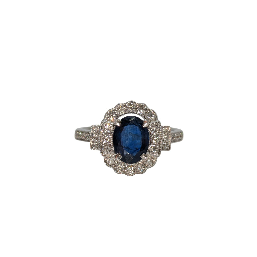 18K white gold sapphire ring with halo