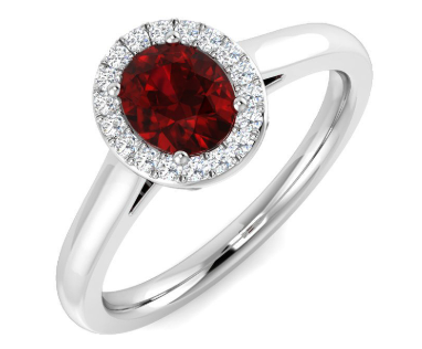 Oval cut ruby in diamond halo on 9k white gold