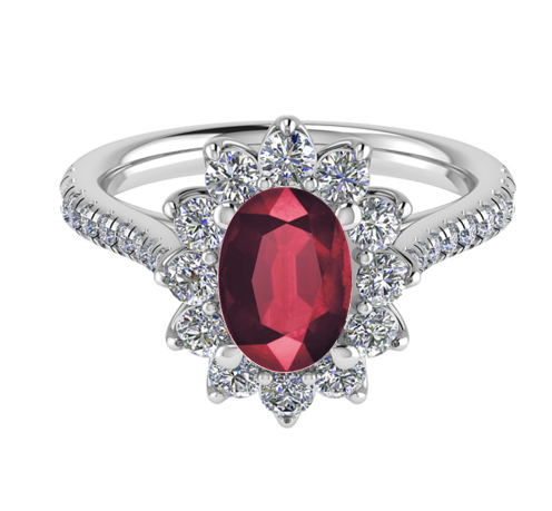 Ruby ring with flower style halo