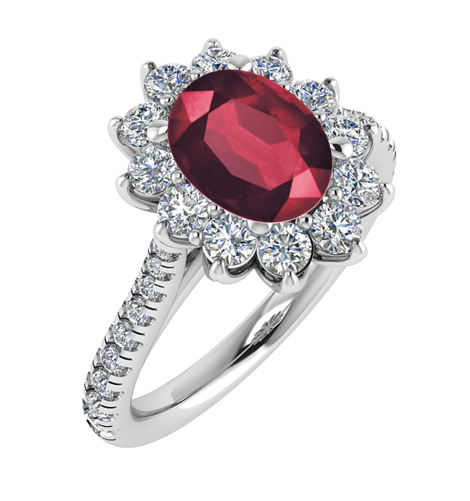 Ruby ring with flower style halo