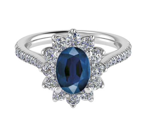 Oval blue sapphire in flower halo