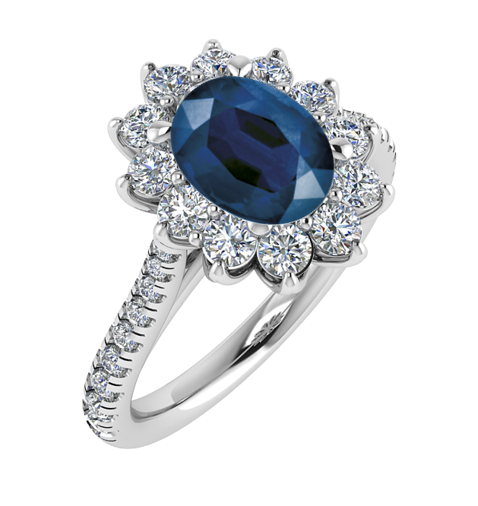 Oval blue sapphire in flower halo